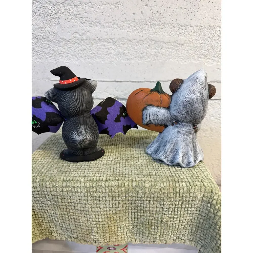 Hand Painted Halloween Ceramic Bat & Ghost Bear Figurines Set Pumpkin Cloth Wing